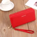 Women long double zipper wallet red leather clutch bag with wrist strap large capacity. - Red