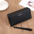 Women long double zipper wallet black leather wristlet purse large capacity phone holder chic - Black