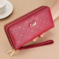 Women red long wallet double zipper clutch bag large capacity leather purse with wrist strap. - Red