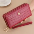 Women long wallet double layer zipper red clutch bag large capacity elegant wrist strap - Burgundy