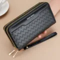 Women's long wallet black double zipper chic chevron pattern casual purse with strap. - Black