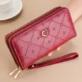 Women's long double zipper wallet fashion large capacity clutch red purse with wrist strap. - Burgundy