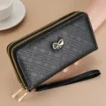 Women long wallet clutch black PU leather large capacity card holder with wrist strap - Black