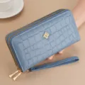 Blue long double zipper women wallet with wrist strap stylish large capacity leather purse - Sapphire Blue