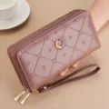 Women long double zipper wallet handbag detail view, fashion casual large capacity purse. - Purple