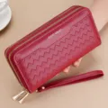 Women long wallet double zipper large capacity clutch bag with wrist strap elegant red - Burgundy