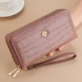 Women's long double zipper wallet purple crocodile pattern PU leather clutch bag with wrist strap - Purple
