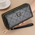 Black long wallet for women with double zipper, diamond lattice pattern and heart charm. - Black