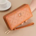 Women orange long double zipper wallet with wrist strap and heart metal decor for daily use. - Earthy Yellow