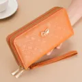 Oranger Damen Geldbeutel lang Doppelreißverschluss Handtasche Handy Tasche aus PU Leder - Wüstengelb