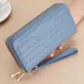 Women's long wallet double zipper PU leather clutch purse with card slots and wrist strap. - Blue