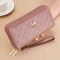 Damen Langbörse Doppelreißverschluss Clutch Leder Schleife Gitter Design stilvolle Handytasche - Dunkelrosa