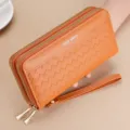 Women long woven wallet double zipper clutch bag orange casual purse card holder wristlet - Lemon Yellow