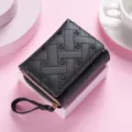 Women short wallet black quilted heart embroidery designer purse with wrist strap - Short Heart Embroidery Style / Black
