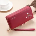 Detalles de cartera roja larga con cremallera doble, correa de muñeca y estampado. - Estilo de Doble Cremallera (SLW-501) / Burdeos