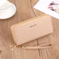 Women long zipper wallet double layer clutch purse with wrist strap and card slots elegant. - Khaki