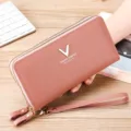 Women's long wallet pink double zipper PU leather clutch purse with wrist strap daily use - Rubber Red