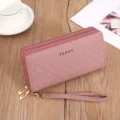 Women long double zipper wallet pink PU leather clutch with wrist strap large capacity purse - Purple