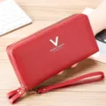 Women's long red wallet with double zippers, large capacity clutch purse and wrist strap. - Burgundy