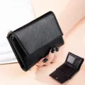 Black short leather wallet for women, stylish tri-fold card holder coin purse variant. - Black