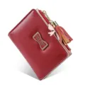 Red short women's wallet with metal bow and tassel pendant for daily fashion use. - Burgundy