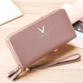 Women long wallet fashion double zipper clutch bag PU leather purse with wrist strap. - Purple