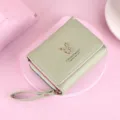 Light green women short PU leather wallet tri fold wrist strap card holder cute purse. - Green