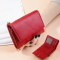 Compact red leather wallet for women with card slots and zipper coin pocket chic daily use - Red