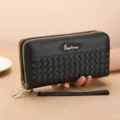Black woven long wallet for women with double zipper and wrist strap, large capacity. - Black