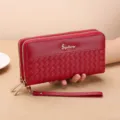 Red womens long double zipper wallet clutch bag with classic woven texture variant item - Red