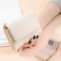 Women short trifold wallet genuine leather card holder purse beige compact fashion design - Milky White
