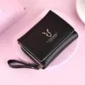Black short women wallet PU leather trifold coin purse with wrist strap and deer logo - Black