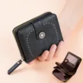 Women Short Wallet PU Oil Wax Leather Zipper Coin Purse Multi-Card Slot Card Holder Black - Black