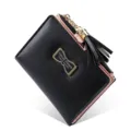 Short women wallet black pink chic tassel coin purse compact folding PU leather daily handbag - Black