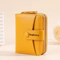 Detail shot of yellow short wallet showing card slots, zipper compartment and snap closure. - Classic Style / Yellow