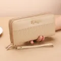 Women's long wallet double zipper clutch bag large capacity woven PU leather coin purse - Khaki
