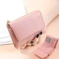 Women short trifold wallet pink leather card holder coin purse stylish compact design - Pink
