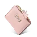 Pink short women wallet with cute bow metal and tassel zip coin purse chic design - Pink