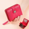 Red oil wax leather short women's wallet with zipper, card slots and cutout design variant. - Red