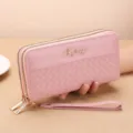 Pink women's long woven wallet double zipper clutch large capacity mobile phone purse. - Pink