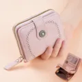 Pink oil wax leather women's short wallet with hollow-out pattern, multi-card slots and zipper. - Pink