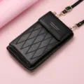 Black quilted crossbody phone bag for women, multi-functional mini shoulder wallet purse. - Black