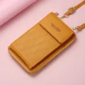 Women yellow crossbody phone bag solid PU leather mini shoulder bag wallet with strap - Camel