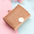 Compact short wallet with crocodile texture, gold kiss lock and snap button closure for women. - Khaki