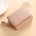 Pink quilted short wallet with heart embroidery and wrist strap. Compact card holder for women. - Khaki