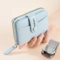 Light blue short women's wallet, PU leather coin purse with multiple card slots and zipper. - Classic Style / Blue
