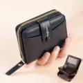 Compact black PU leather women wallet with zipper pocket, multiple card slots, stylish design. - Classic Style / Black