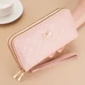 Damen lange doppelte Reißverschluss Brieftasche Handytasche rosa PU Leder frischer Stil - Lachsrosa
