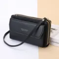 Black fashion long cross-body phone bag for women with double zippers and shoulder strap. - Black