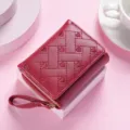 Red quilted heart tri-fold women wallet with wrist strap chic compact pu leather coin purse - Short Heart Embroidery Style / Red